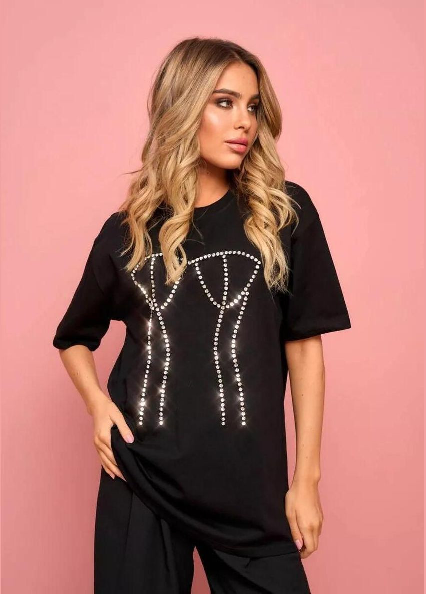 Женская оверсайз футболка с оригинальным рисунком со стразами стильные футболки свободного кроя для женщин oversize Cindylove - (331346105)