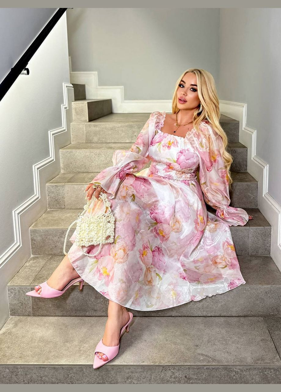 Розовое праздничный, коктейльное, вечернее платье меди из органзы а-силуэт Україна