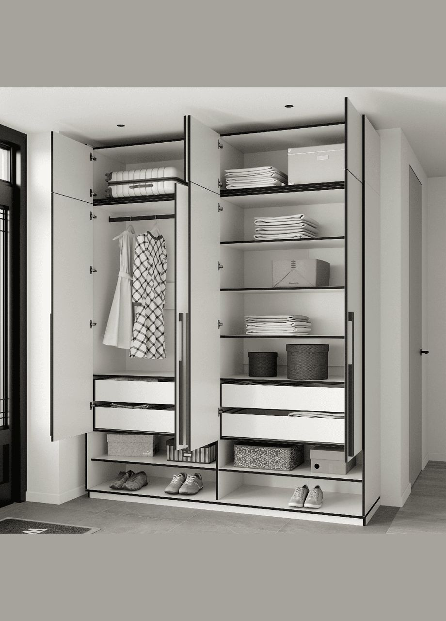 Шафа розпашна на 4 дверки зі штангою та полицями, антресоллю та шухлядами R-0009 від Бетон Темний MORELI (335423255)