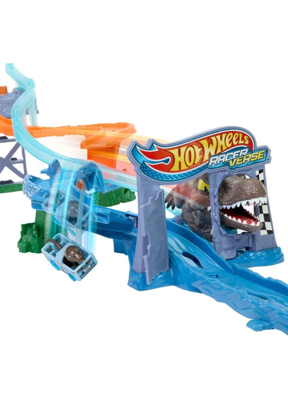 Трек Зіткнення та Сплеск з Велоцираптором та Спінозавром RacerVerse Jurassic World Crash & Splash Hot Wheels (367191295)