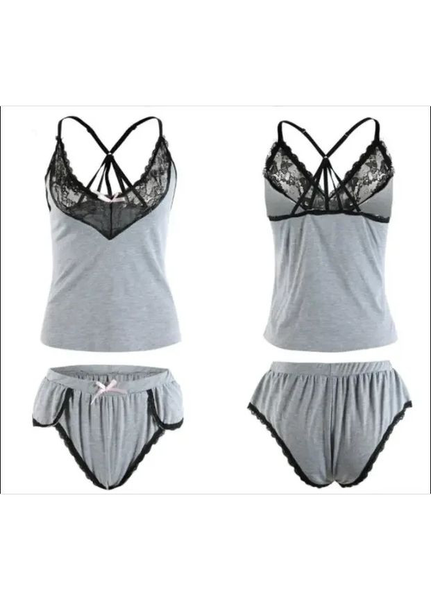 Серебристая пижама из хлопкового стрейча с кружевом с топом и шортами. женская пижама-двойка летняя на бретелях China
