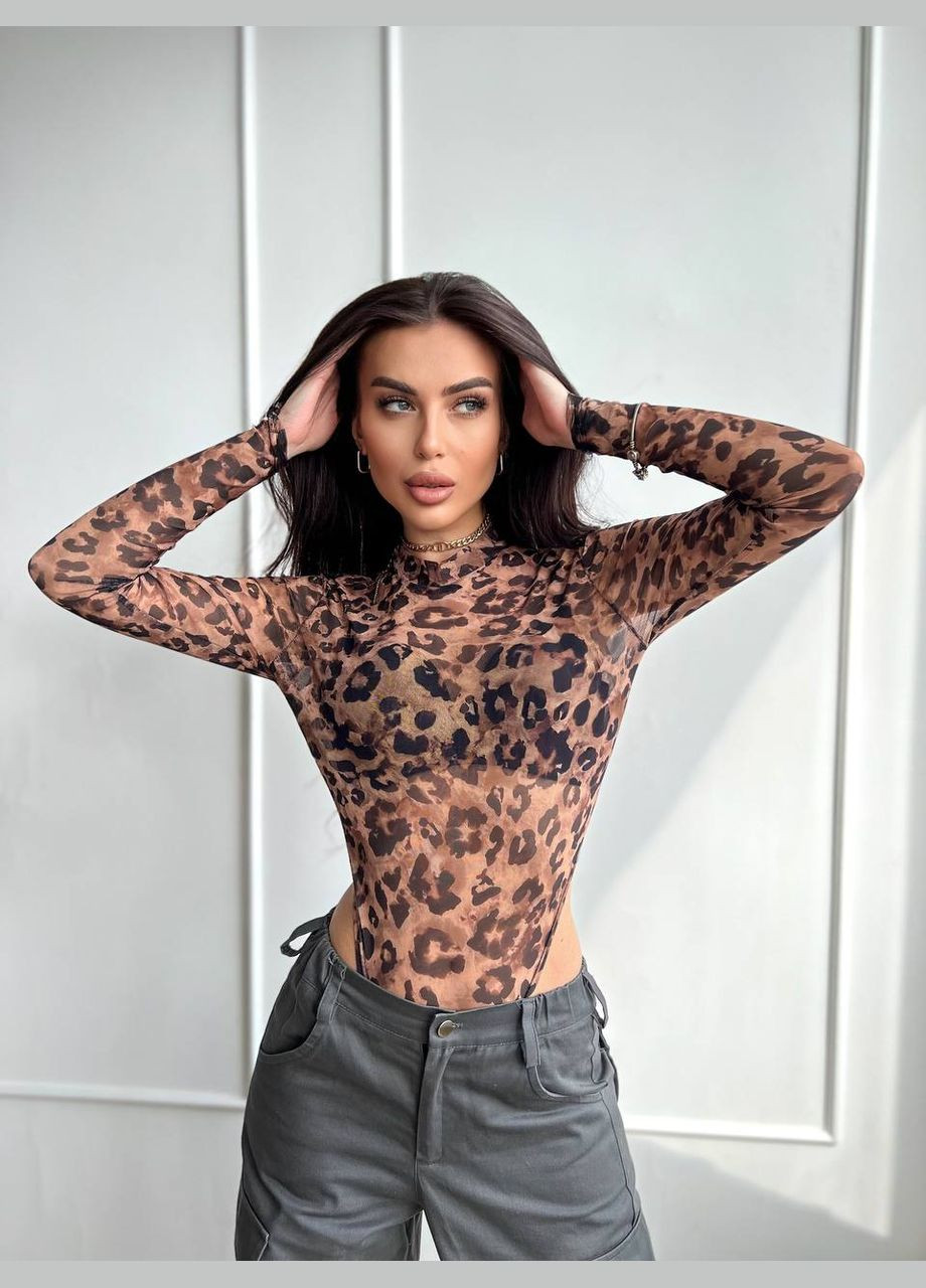 Жіноче леопардове боді в сітку з довгим рукавом легке літнє стильне якісне No Brand боді (291418262)