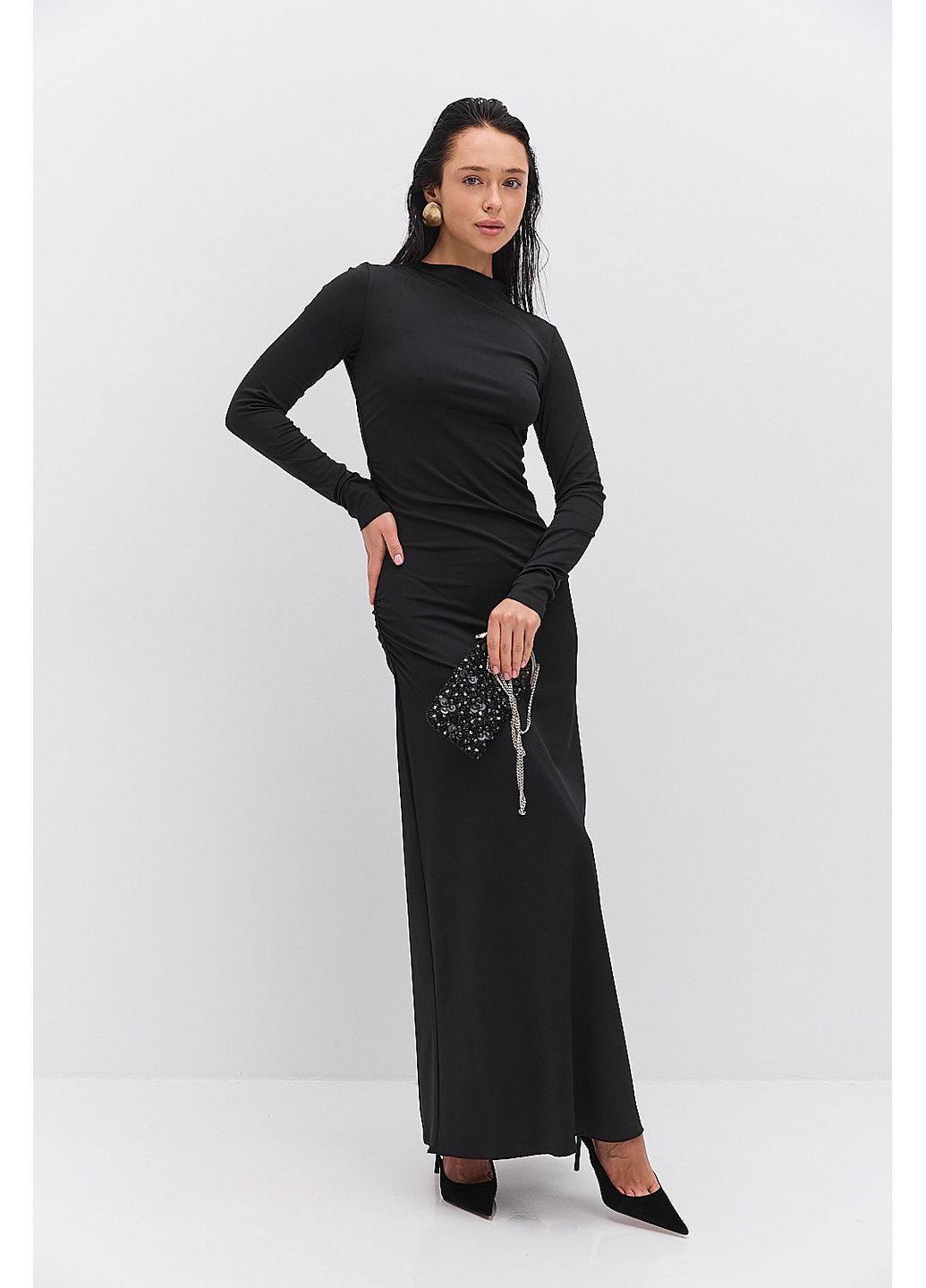 Чорна довге вечірнє плаття з драпіруванням бордове Arjen