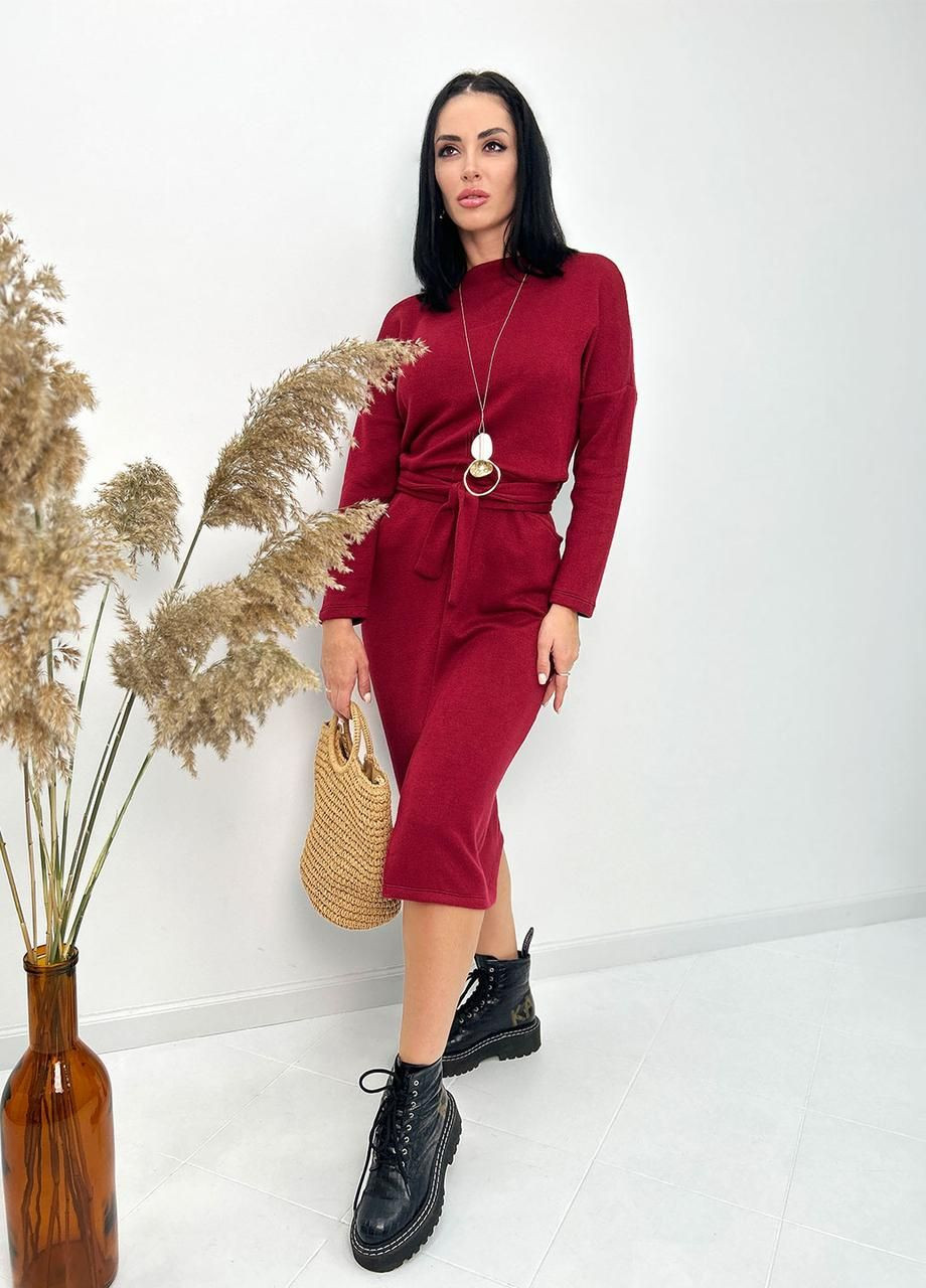 Бордова довга ангорова сукня з поясом Fashion Girl