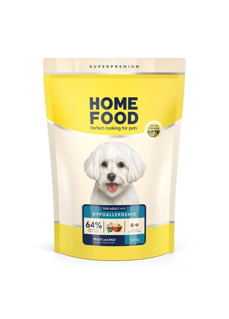 Гіпоалергенний сухий корм для дорослих собак малих порід з фореллю та рисом, 1.6 кг Home Food (368969097)