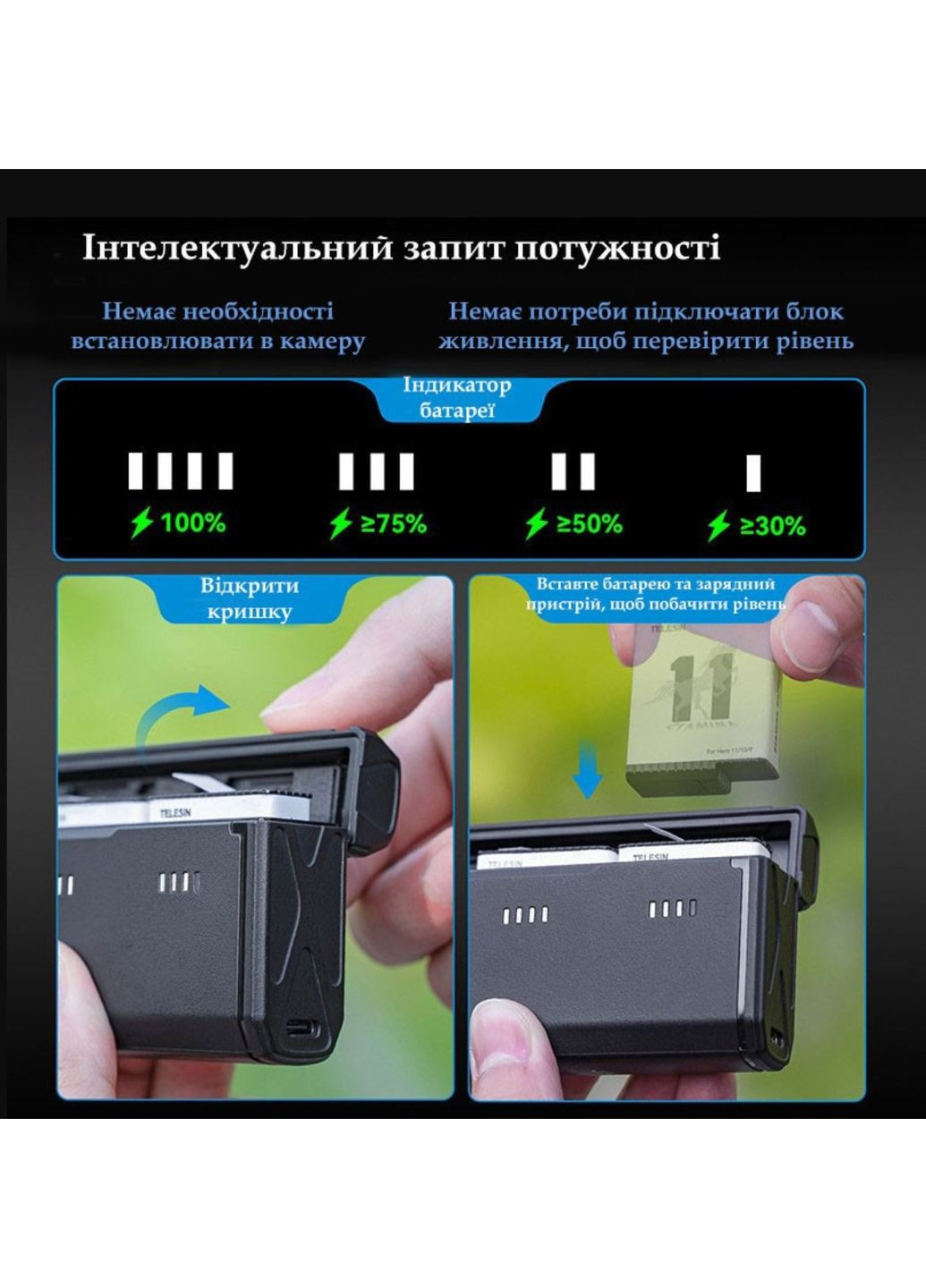 Зарядний пристрій для gopro 11 / 10 / 9 на 3-х акумуляторах No Brand (284177430)