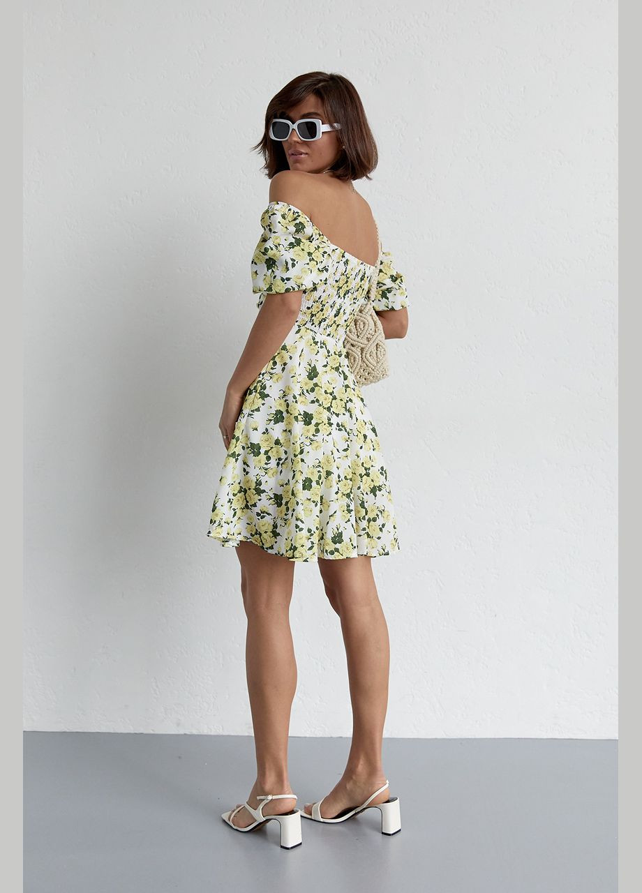 Желтое повседневный летнее платье мини с драпировкой спереди 23128 Lurex с цветочным принтом