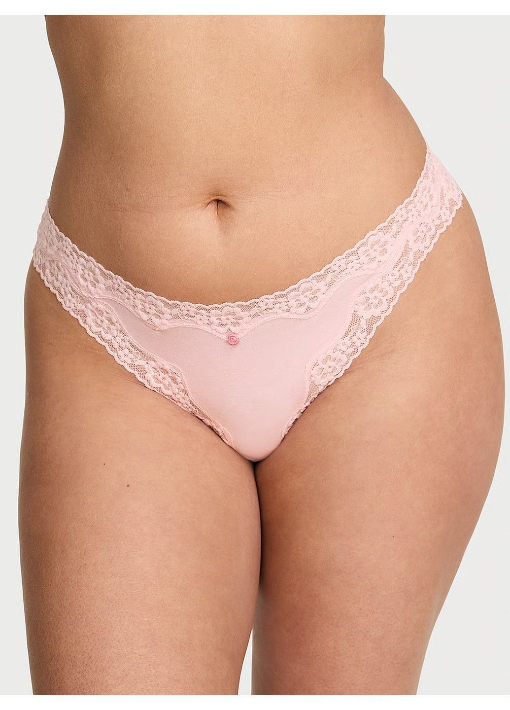 Трусики-стринги бавовняні Cotton Lace-Waist Thong Panty пудрові Victoria's Secret (392625688)