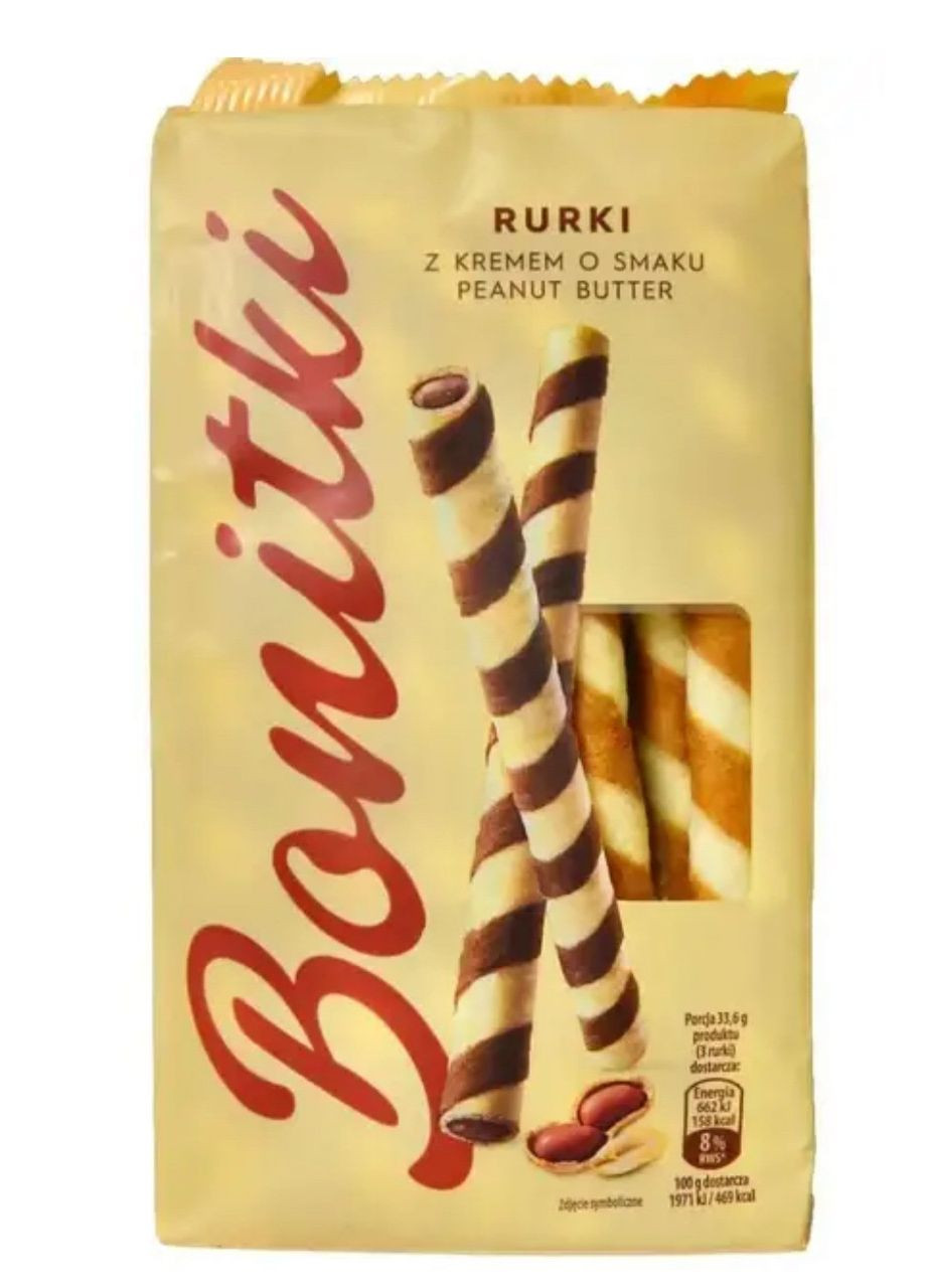 Вафельні трубочки Руркі Bonitki Rurki z kremem smaku Peanut Butter Боніткі Палочки з Арахісовим кремом 16шт 280г Biedronka (361155297)