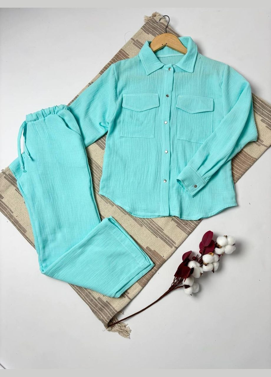 Бирюзовый летний детский муслиновый комплект унисекс ментол mrou: рубашка+ штаны палаццо с рубашкой, брючный No Brand