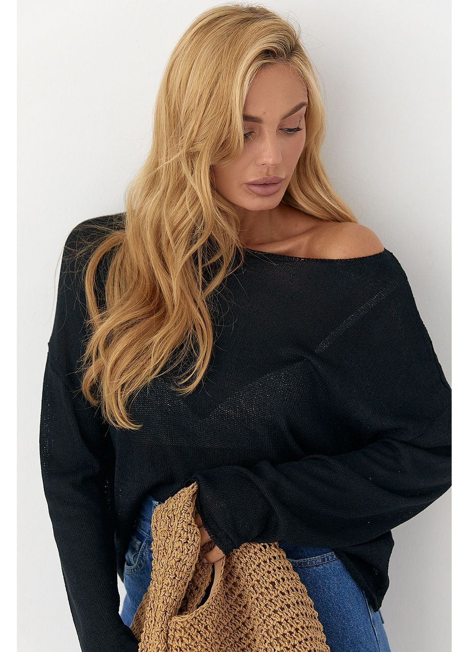 Чорний демісезонний джемпер легкої в'язки вільного крою - лимонний колір Lurex