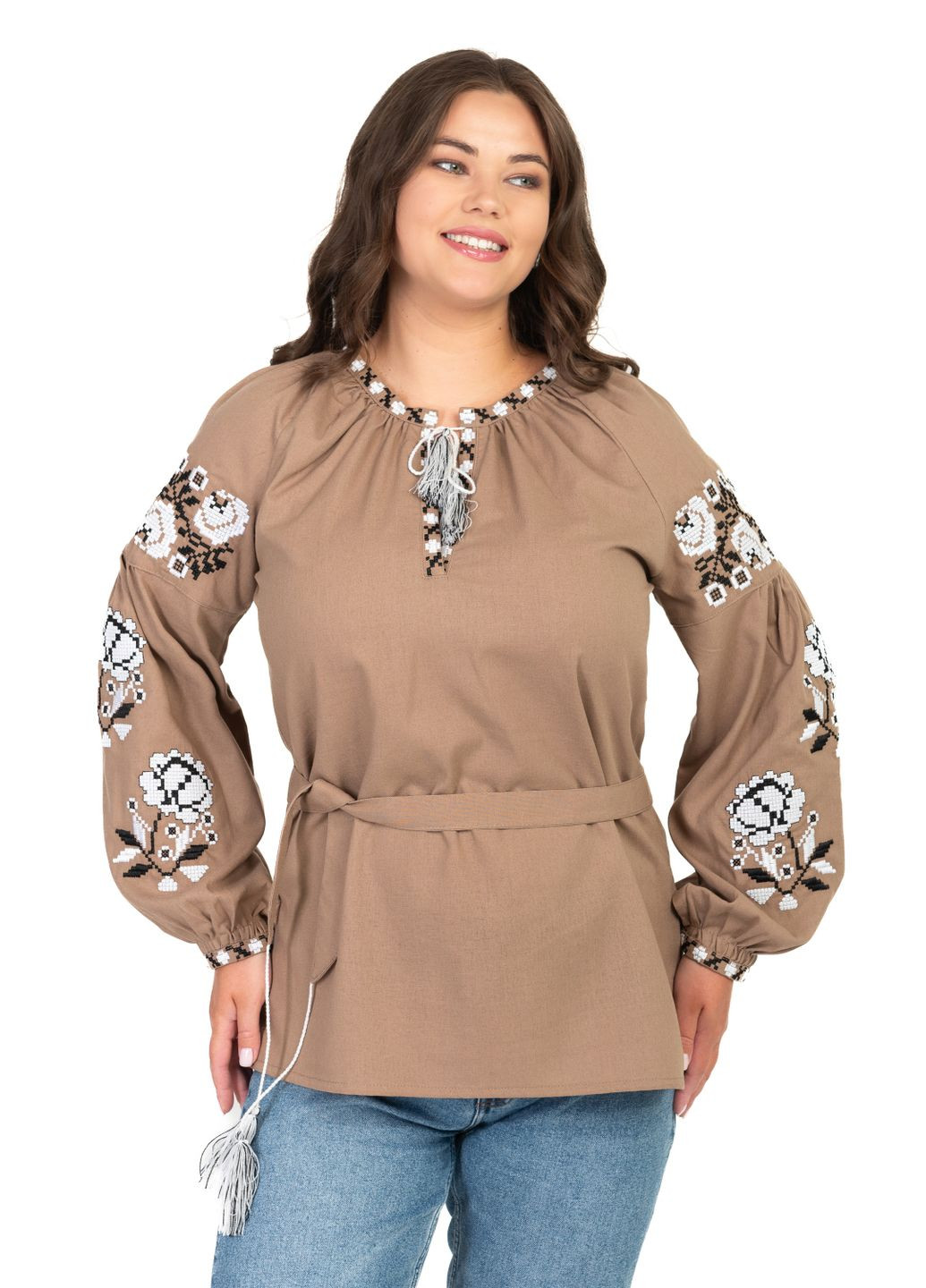Коричневая женская блуза с вышивкой розы (мокко) Golfstream прямой лен (338881481)