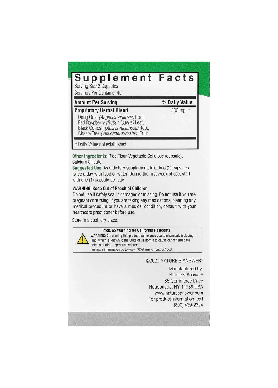 Комплекс трав для жіночого здоров'я 800 мг, 90 капсул Nature's Answer (361114667)