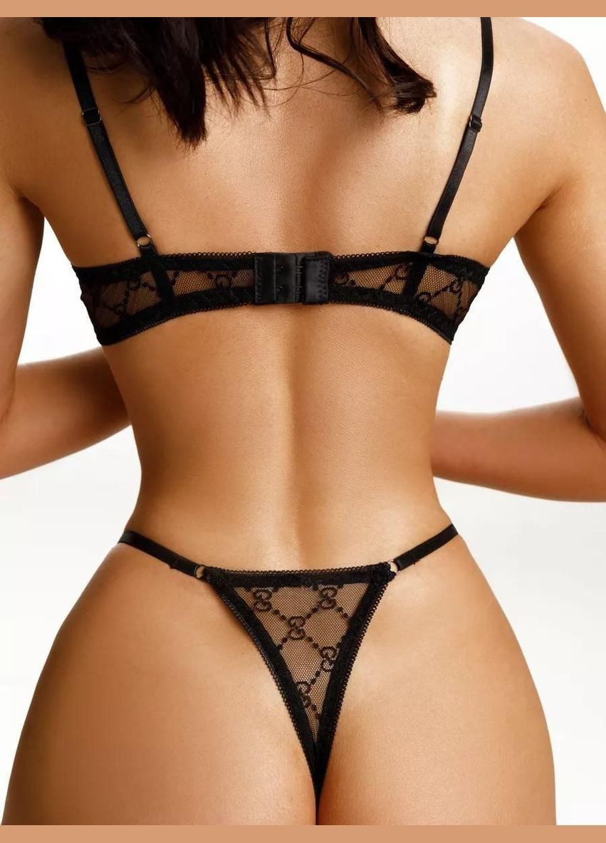 Чорний демісезонний сітчастий комплект нижньої білизни з фірмовим принтом регульовані трусики та бюстгальтер з кісточками No Brand Комплект білизни