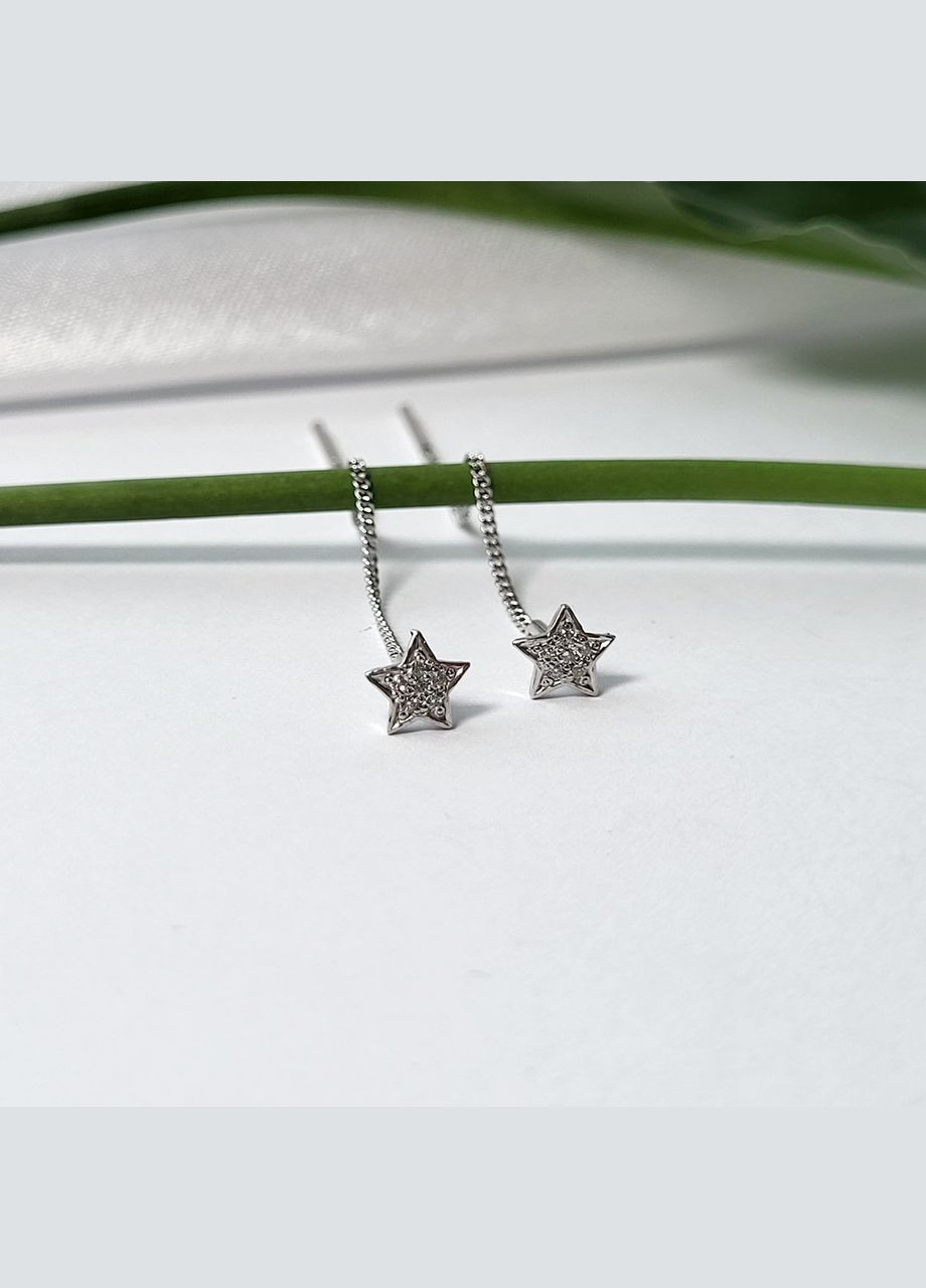Срібні сережки ланцюжки протяжки Зірочка з Білими каменями срібло 925 проби Родоване 5336/1р 0.80г No Brand (306741897)