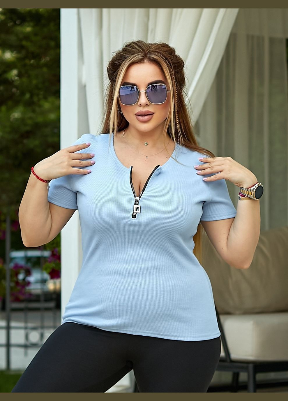 Голубая летняя женская футболка на змейке с коротким рукавом No Brand