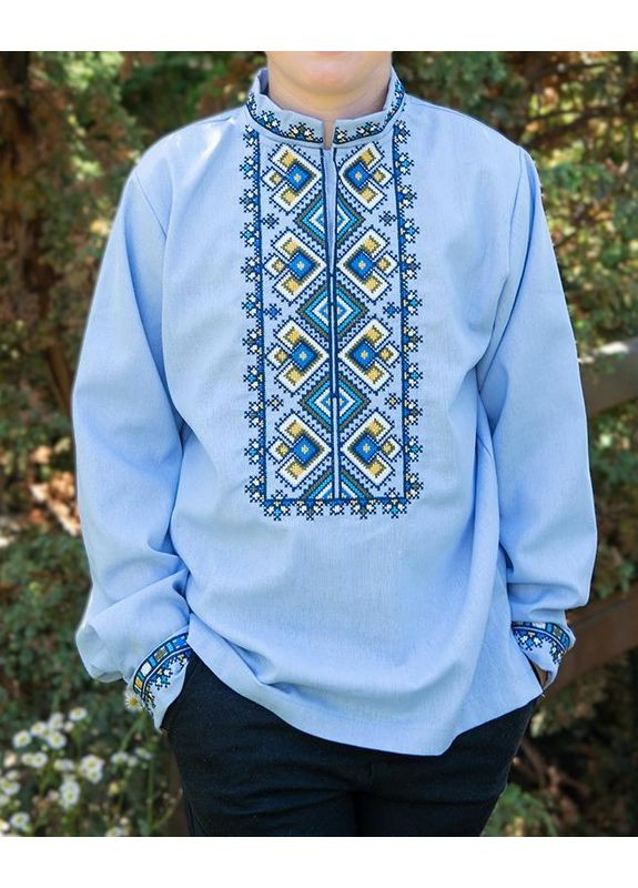 Голубая детская вышиванка праздничная для мальчика голубая с длинным рукавом для школы V&V узор орнамент лен (355340641)