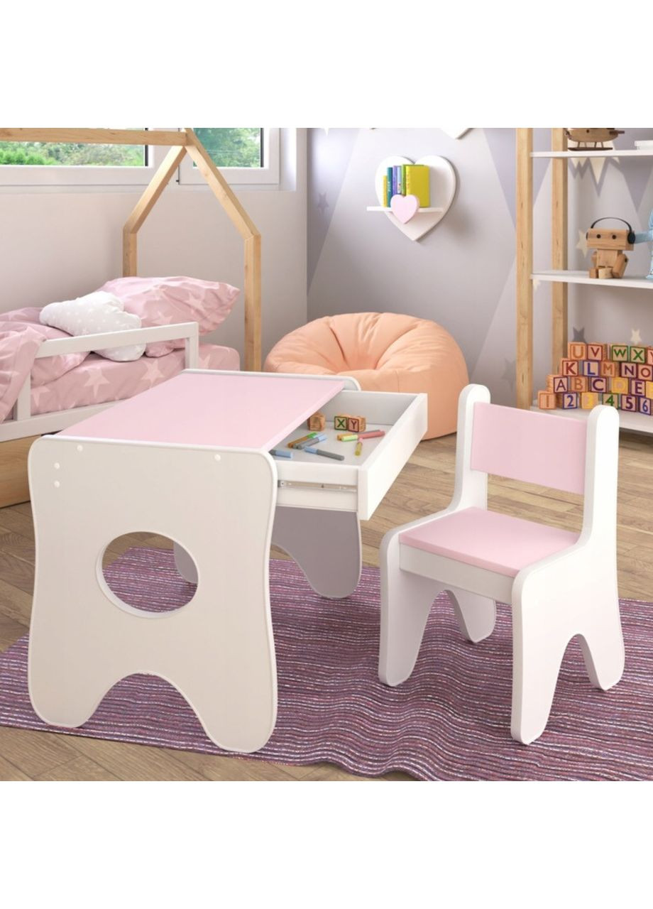 Набір дитячих меблів столик з ящиком та стільчик 70×45×51, стіл та стілець для дітей, білий з рожевим No Brand (360920158)