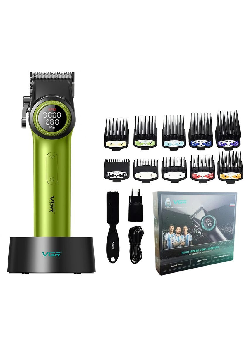 Професійна машинка для стрижки волосся V-001 з дисплеєм 9000 об/хв та 10 насадками. Колір: зелений VGR (364664530)