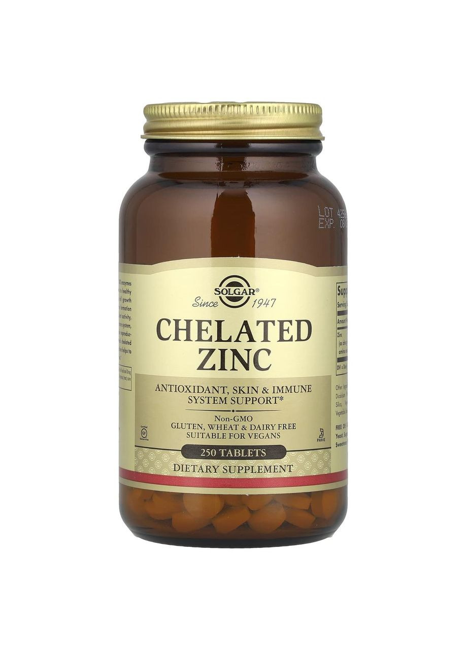Хелат цинка, Chelated Zinc,, 250 таблеток Solgar (362370612)