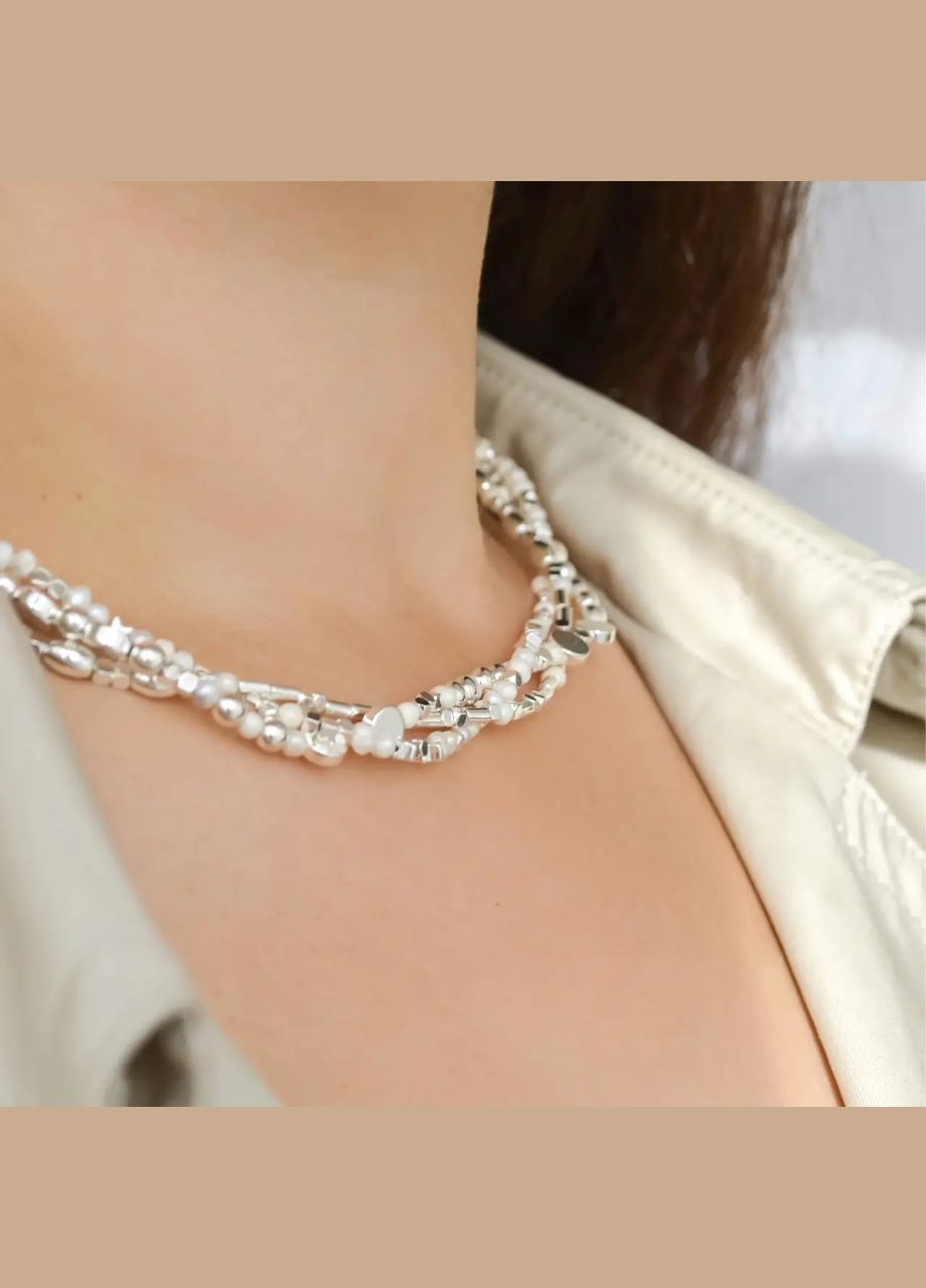 Чокер трёхрядный "Антик" Гематит серебристый + речной Жемчуг d-2х6мм+- гип-ная фур-ра цвета серебро L-45-50см No Brand жемчуг (пресноводный), гематит латунь серебро (303140359)