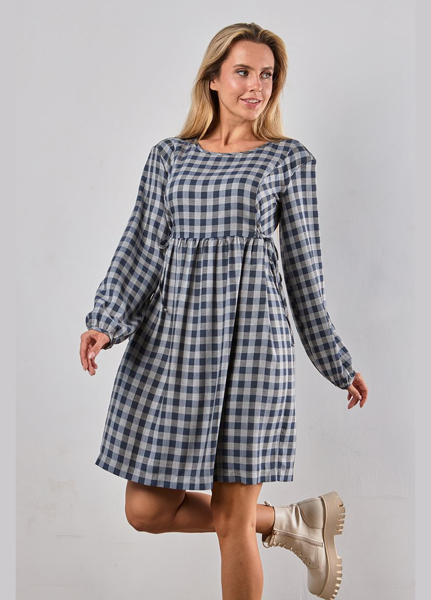 Серо-синее платье для беременных и кормящих в клетку с секретом кормления серо-синее Юла мама в клетку