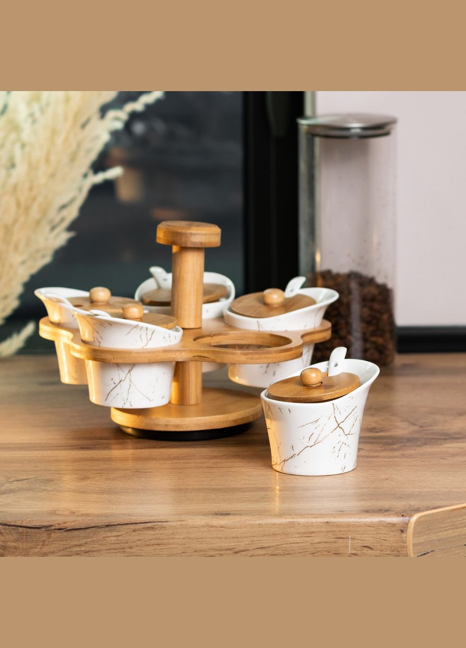 Набор баночек для сыпучих продуктов 5 штук по 120 мл на вращающейся подставке, белый мрамор Yiwu (322421161)