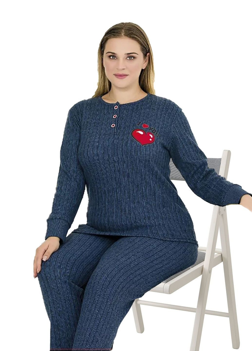 Синя зимня піжама жіноча тепла лапша лонгслів + брюки No Brand