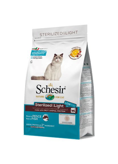 Сухий корм для кастрованих котів, для котів схильних до повноти Cat Sterilized & Light риба 400 г (8005852760081) Schesir (308752528)