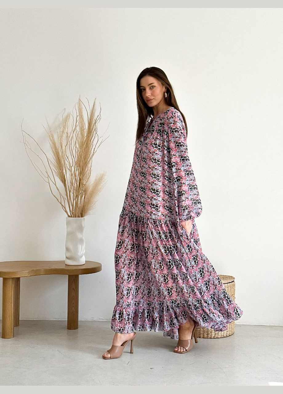 Бузкова шикарне літнє плаття-максі з турецького шифону ідеального крою, легке плаття з довгим рукавом, красивий бузковий принт No Brand