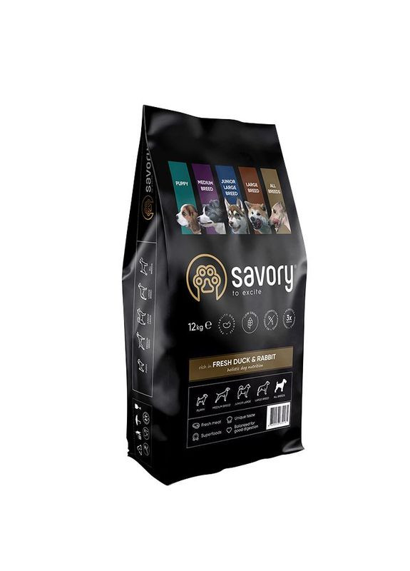 Сухой корм для собак всех пород со свежим мясом утки и кроликом 12 кг (4820232630181) Savory (279567688)