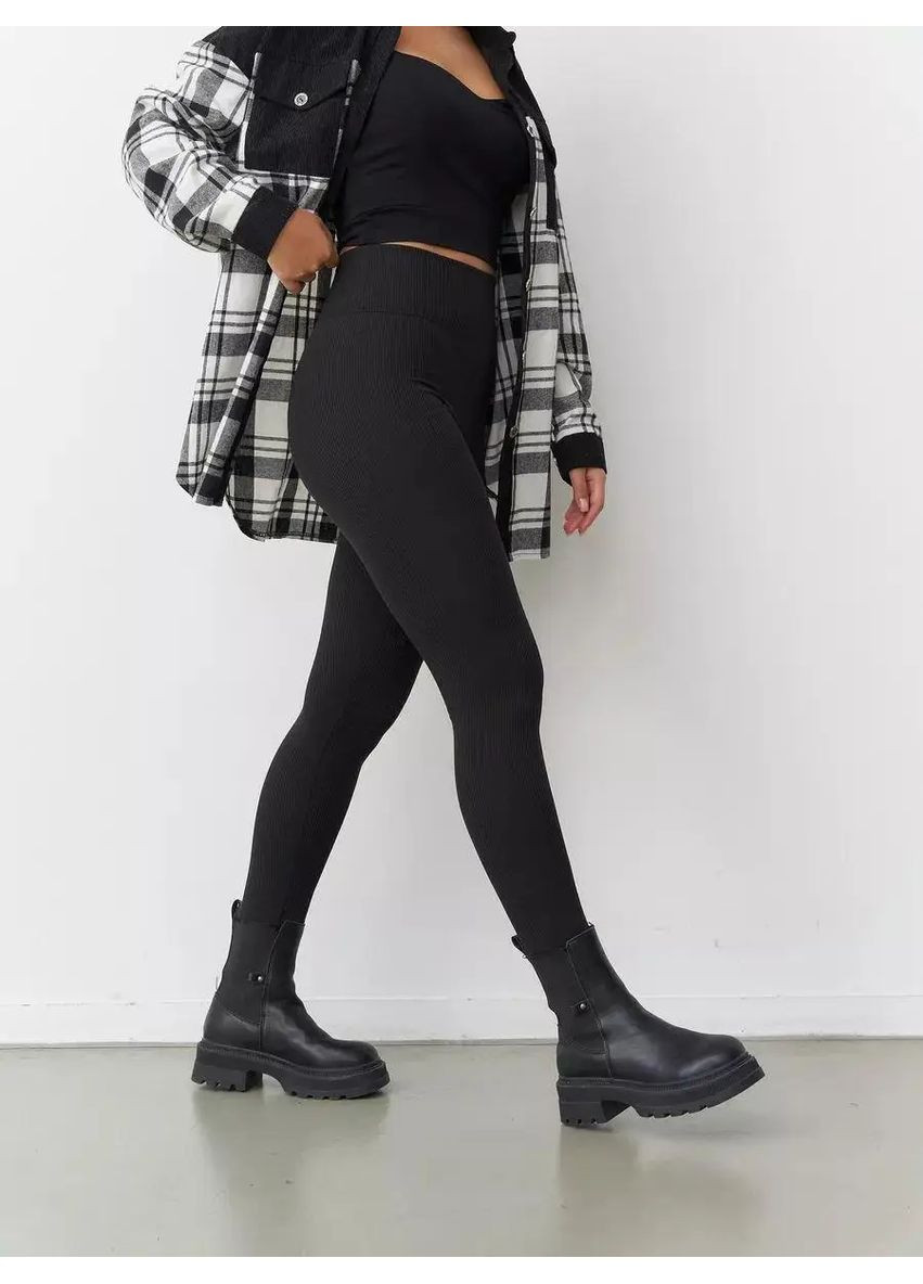 Лосины в рубчик на флисе высокая посадка, Стильные женские лосины в рубчик на флисе, Леггинсы зимние рубчик No Brand Лосини в рубчик на флісі висока посадка чорні (361030050)