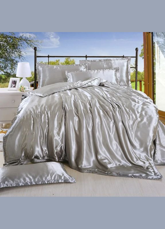 Атласное Серебряное Семейное постельное белье 150*210см GLOBAL.P (298794511)