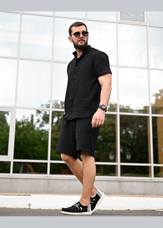 Черный летний стильный мужской костюм рубашка+шорты черный Freedom