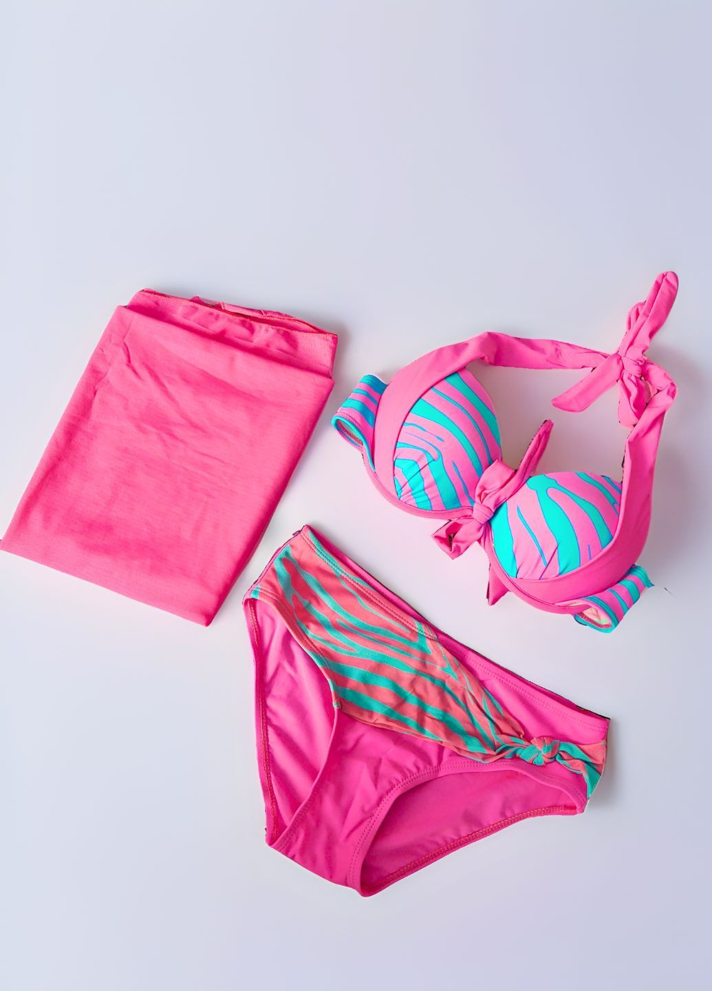 Розовый летний раздельный купальник с парео раздельный FS