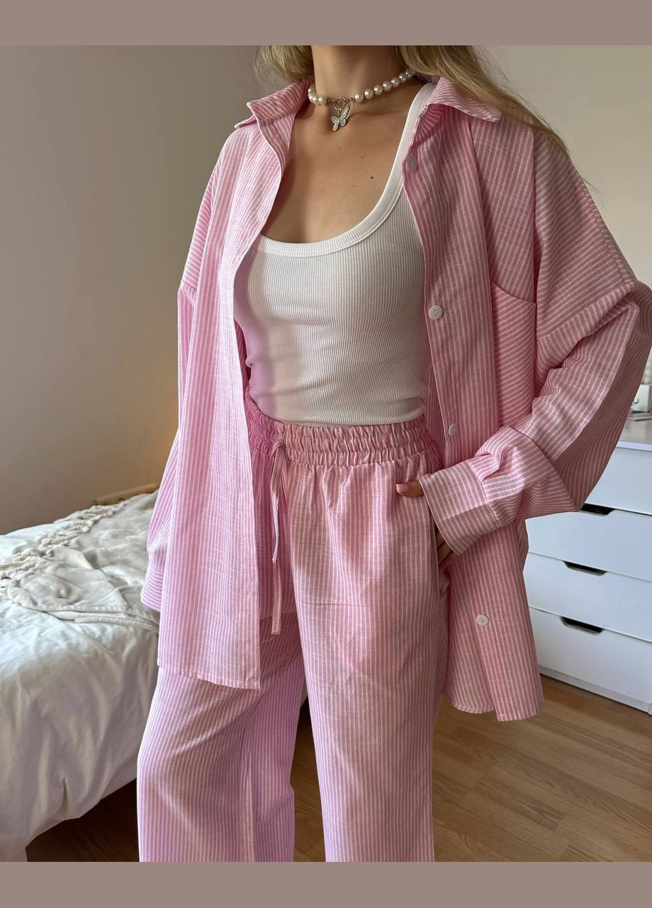 Женский костюм двойка в полоску: оверсайз рубашка и брюки с эластичным поясом. MonCher (339786863)