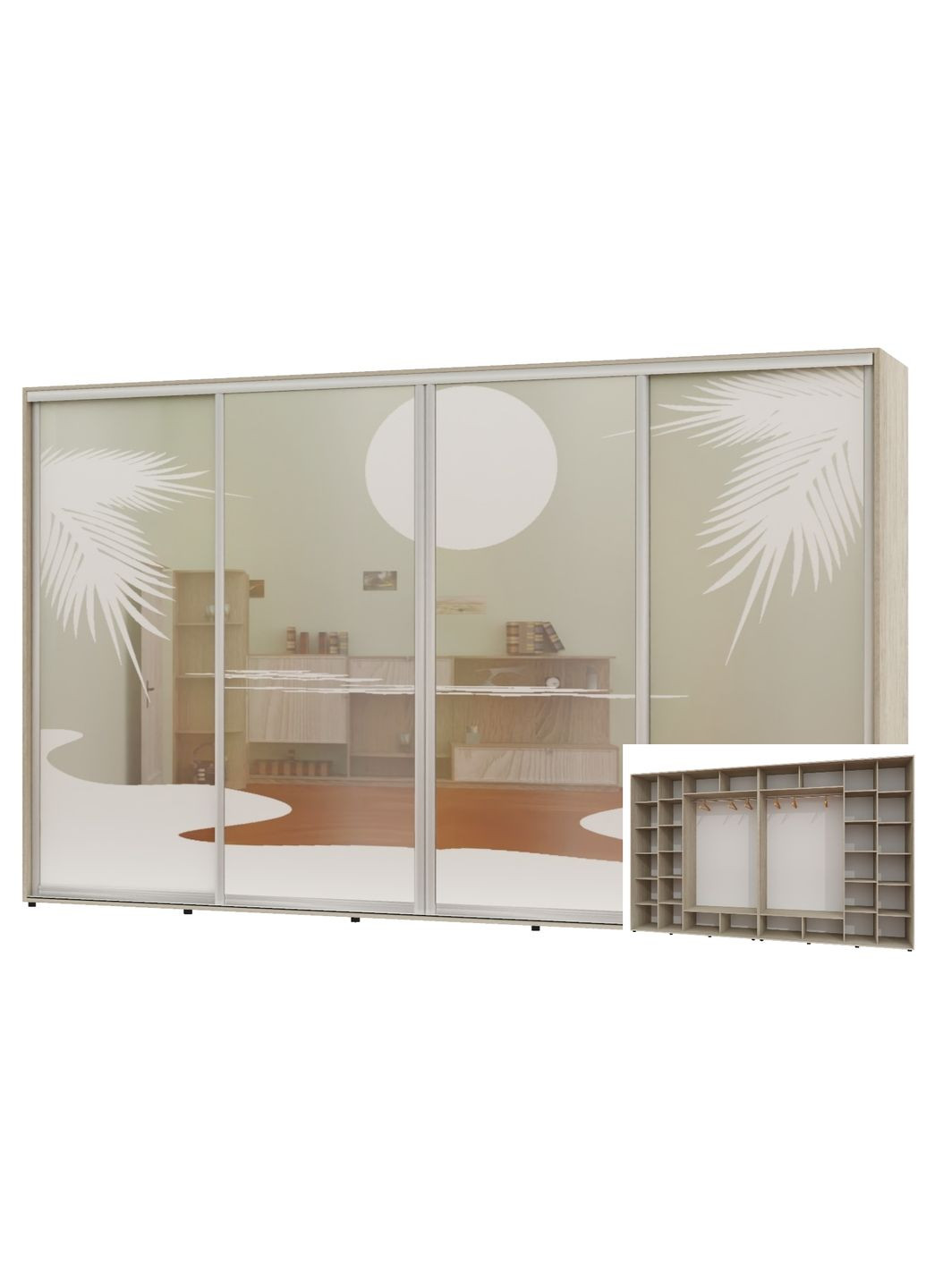 Шафа-купе чотиридверна 380*60*250 Дуб Шамони світлий Дзеркало з піскострумним малюнком Алекса (360477446)