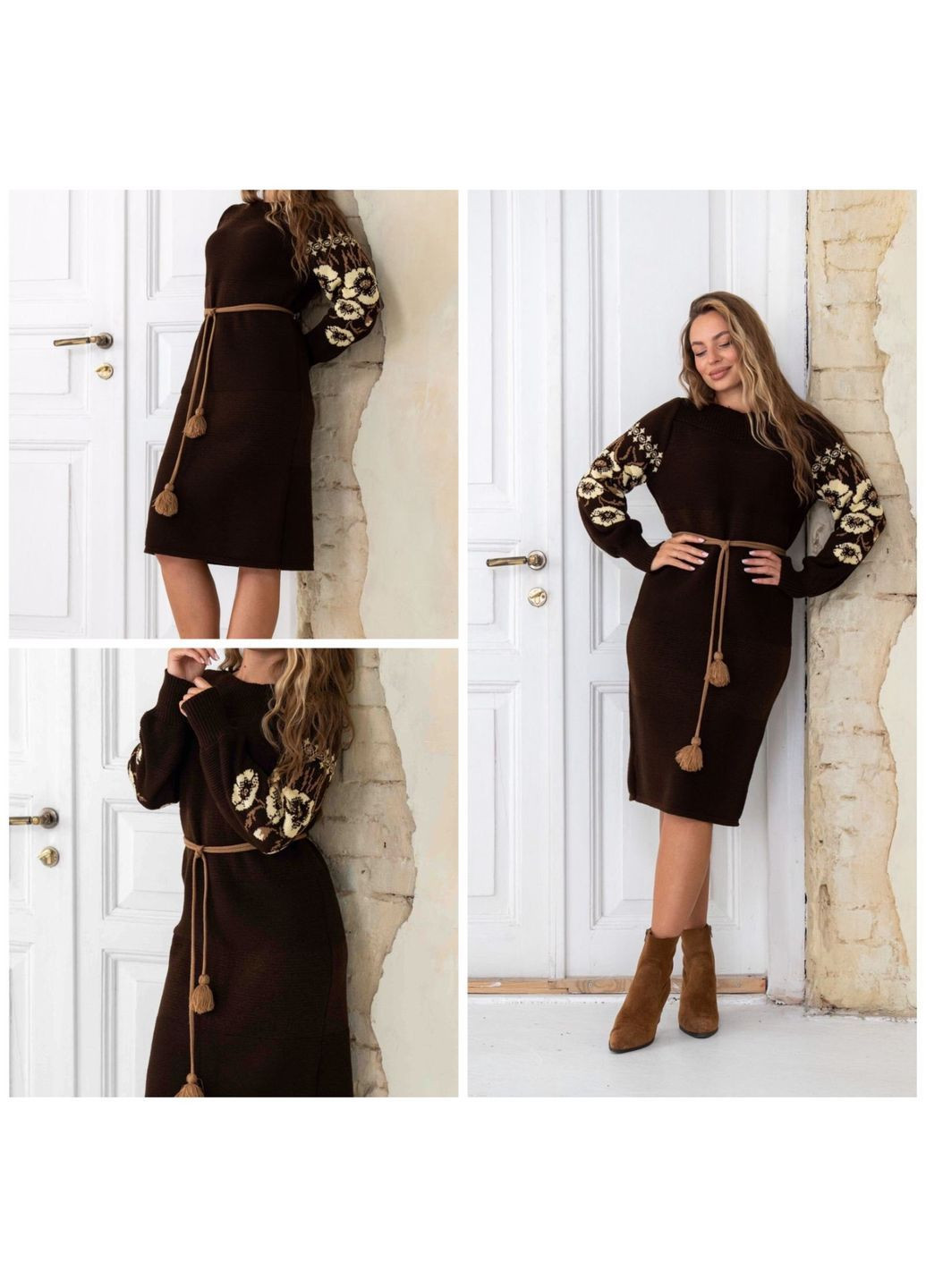 Коричнева в'язана тепла сукня з квітами етно сукня шерсть коричнева No Brand з квітковим принтом