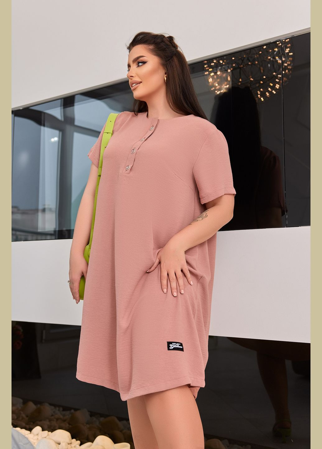 Бежевое повседневный платье свободного кроя платье-футболка No Brand однотонное