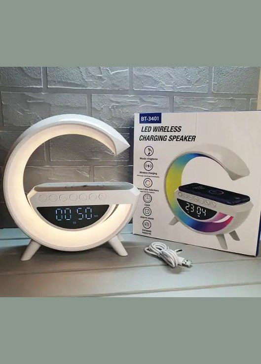 Светильник с беспроводной зарядкой для телефона BT-3401 колонка Bluetooth FM радио ночник RGB подсветка Белый TG (296925541)