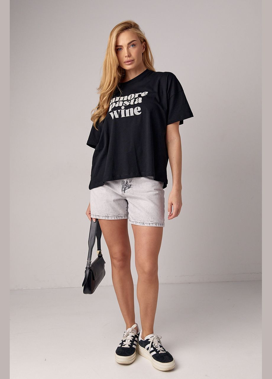 Чорна літня жіноча футболка oversize з написом amore pasta wine Lurex