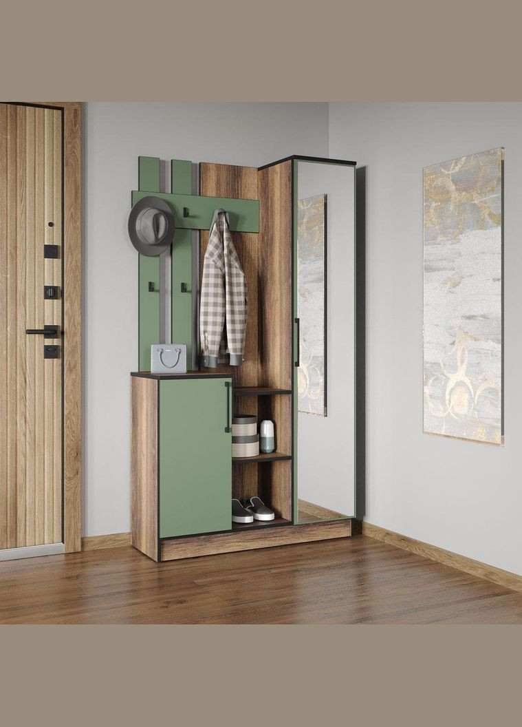 Cтильна прихожа з дзеркалом, дверцятами та крючками для одягу від KO-0004 Дуб Кверкус/Зелений Димчастий MORELI (361035178)