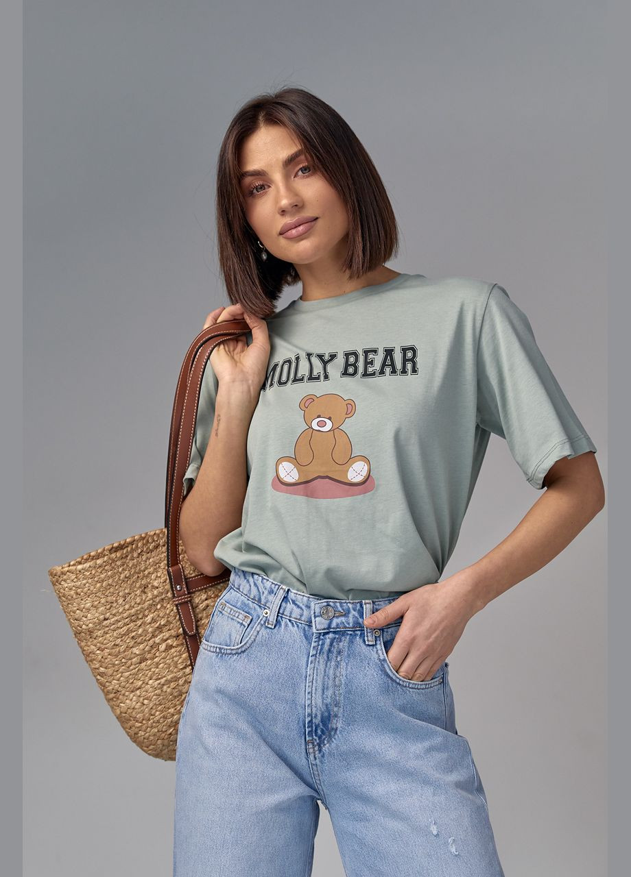Мятная летняя хлопковая футболка с принтом медвежонка - мятный Lurex