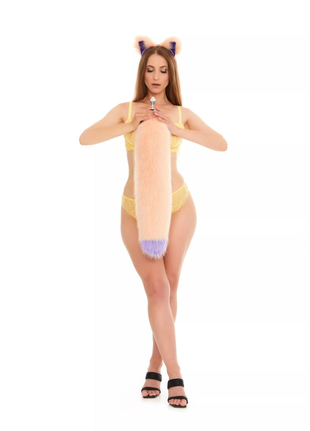 Анальный меховой пушистый хвост без пробки, Персиковый с фиолетовым кончиком, 60 см. OKOVA (315148786)