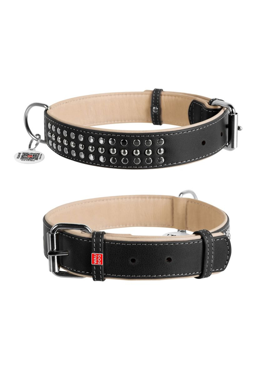 Нашийник для собак шкіряний Soft металеві прикраси Ш 35 мм Д 46-60 см чорний WAUDOG (332879284)
