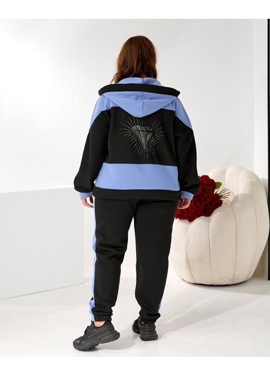 Жіночий батал спортивний костюм теплий на флісі чорний-блакитний блискучі стрази великий розмір Bonita Спортивний костюм (368540570)