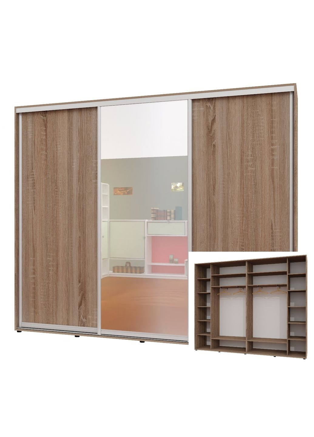 Шкаф-купе трехдверный 300*45*230 см Дуб Сонома трюфель 3 двери ДСП + Зеркало + ДСП Люкс-147 Алекса (360472864)