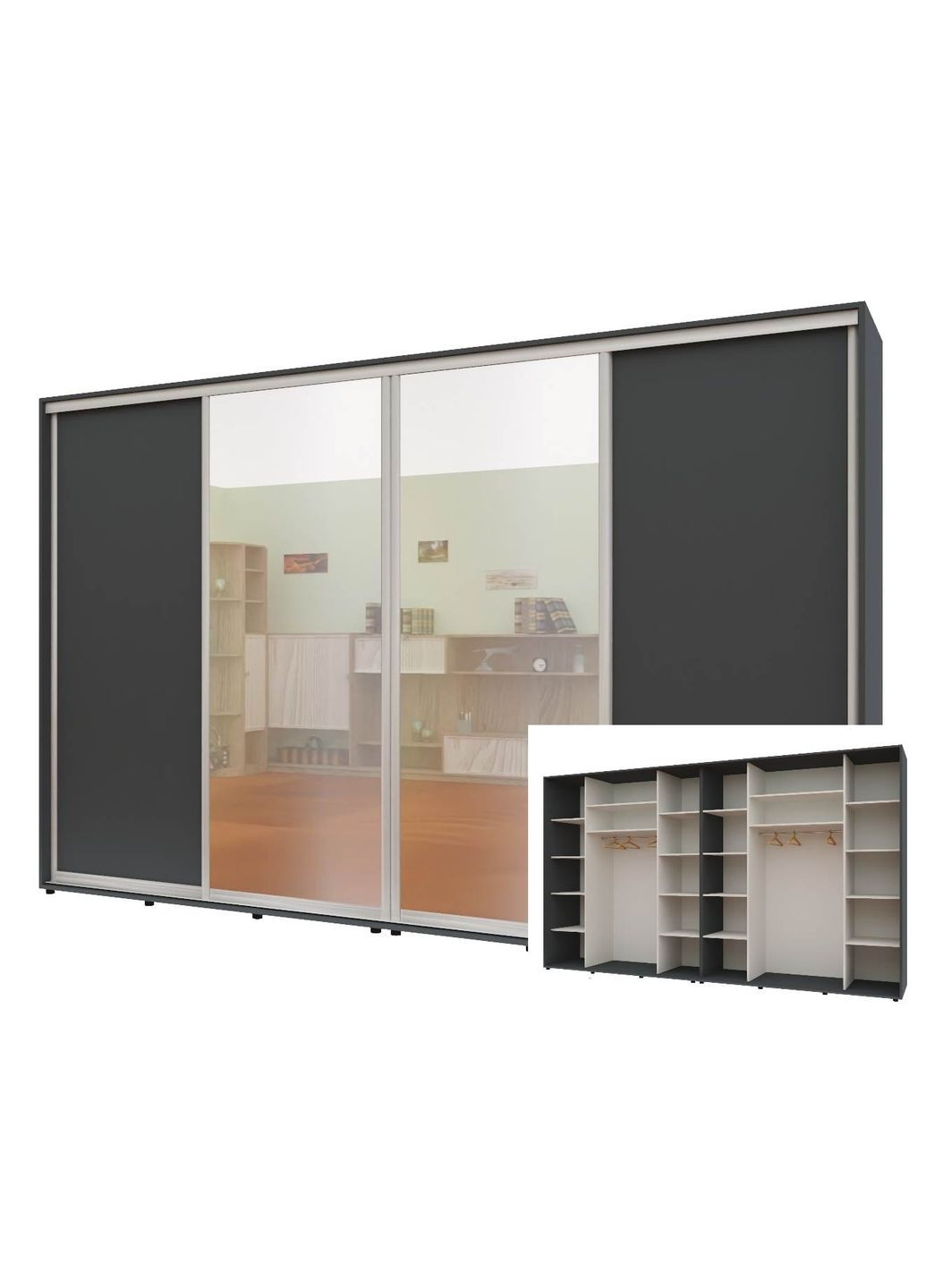 Шафа-купе чотиридверна 340*60*220 см Графіт ДСП + Дзеркало + Дзеркало + ДСП Максі Комфорт Меблі (360432914)