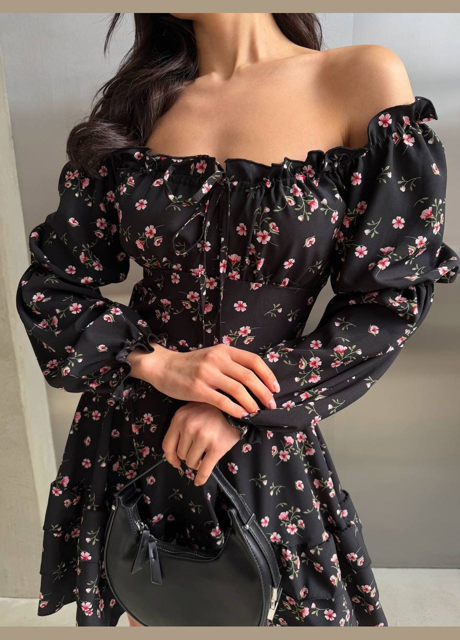 Чорна повсякденний сукня міні з квітковим принтом MonCher з квітковим принтом