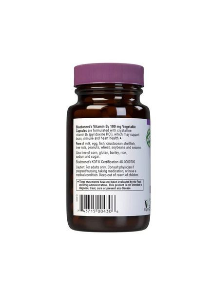 Вітамін B6 100 мг, Vitamin B6,, 90 вегетаріанських капсул Bluebonnet Nutrition (333721567)